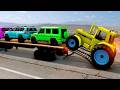 Four Trucks Transporting cars with Flatbed Trailers | Cars vs Speedbump vs Train vs Pothole #000