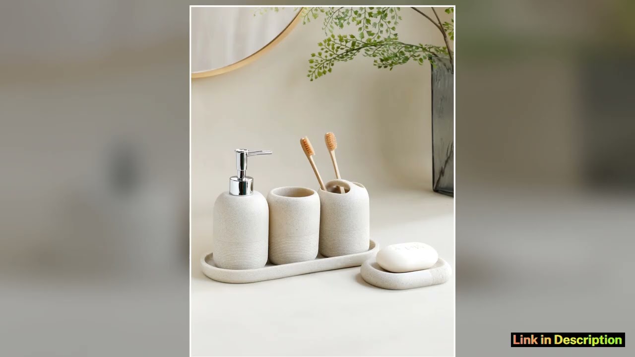 5Pcs athroom Accessories set Lotion Dispenser Toothbrush Holder Tray Tumbler Cup Soap Dish Beige