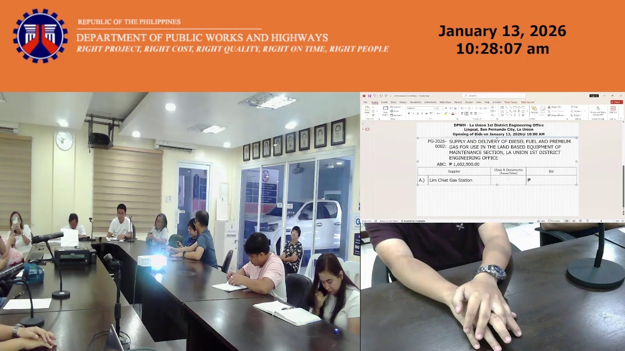 Procurement Livestream for DPWH La Union 1st DEO Opening of Bids on January 13, 2026