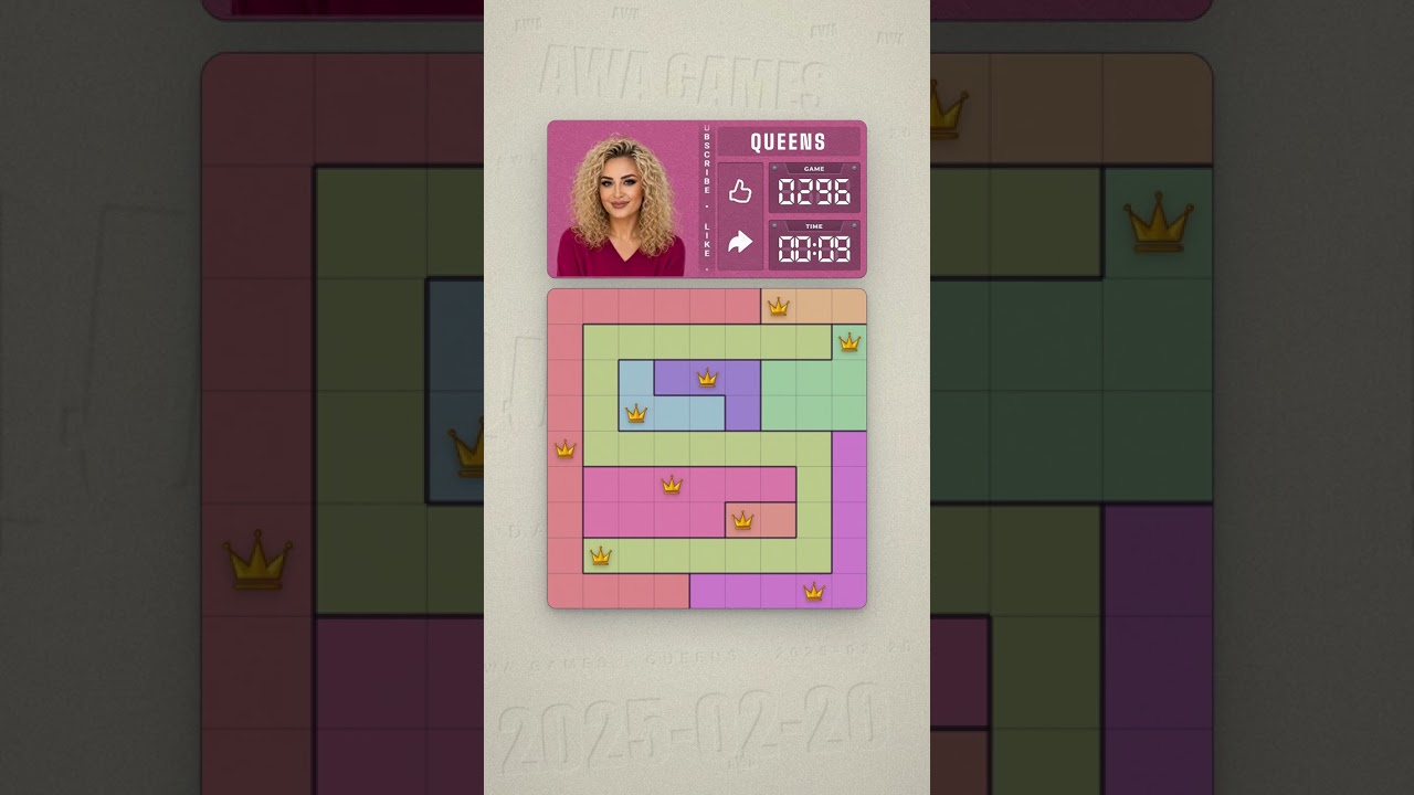 LinkedIn Queens #296 solved board for February 20, 2025, 9x9 grid