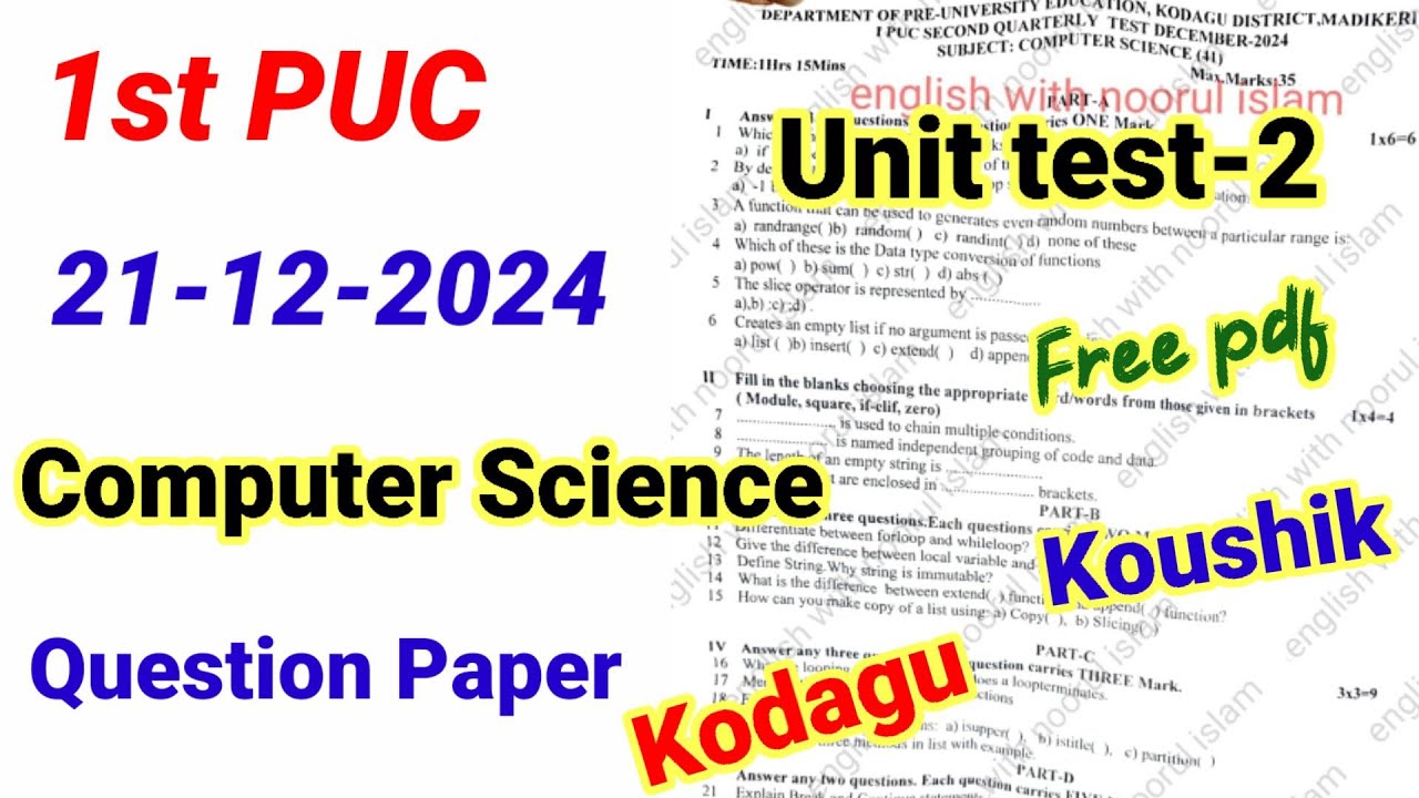 1st PUC Computer science important questions for unit test 2 kseab 2024 ...