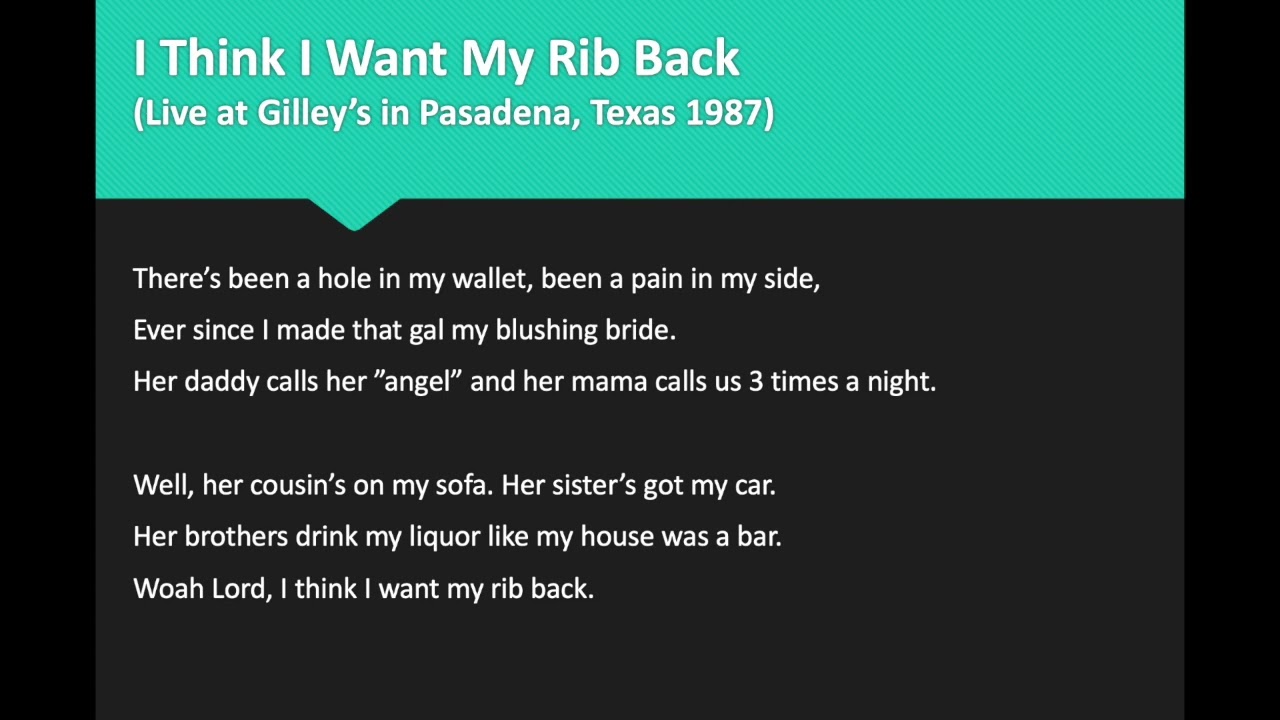 Watch Keith Whitley - I Think I Want My Rib Back (Live at Gilley's 1987) on YouTube Watch Keith Whitley - I Think I Want My Rib Back (Live at Gilley's 1987) on YouTube