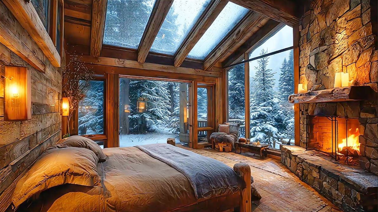 Cozy Winter Cabin Fireplace 🎄 Relaxing Music Holiday Ambience with Warm Fireplace & Soft Snow