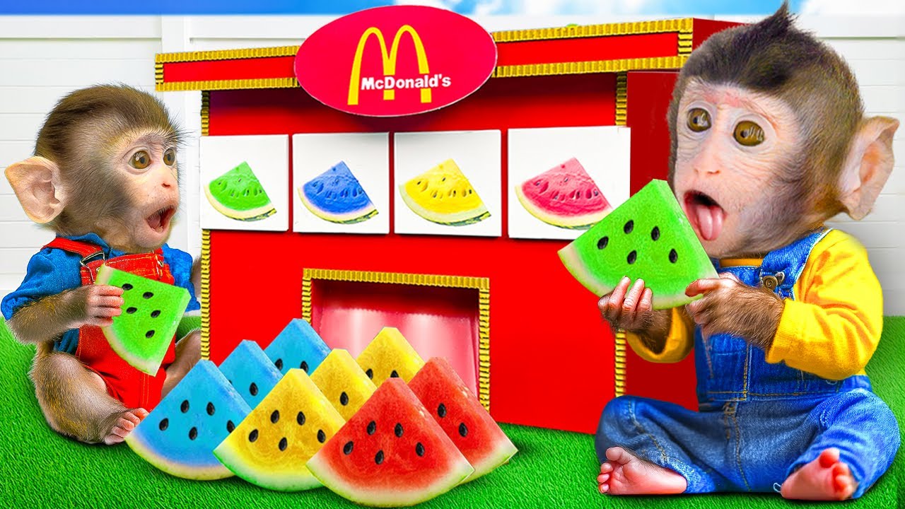 Monkey CoCa Makes Amazing Rainbow Jelly with Watermelon and Best Friend!