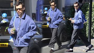 Harry Styles continued to show off his new facial hair look while picking up a matcha in London