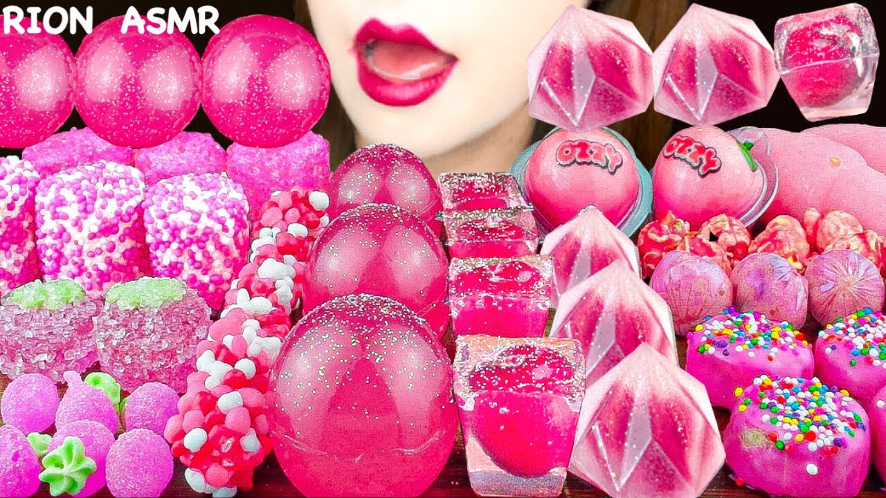 【ASMR】PINK DESSERTS💗 CHERRY JELLY,POP CORN,STARWBERRY BONBON CANDY MUKBANG 먹방 EATING SOUNDS
