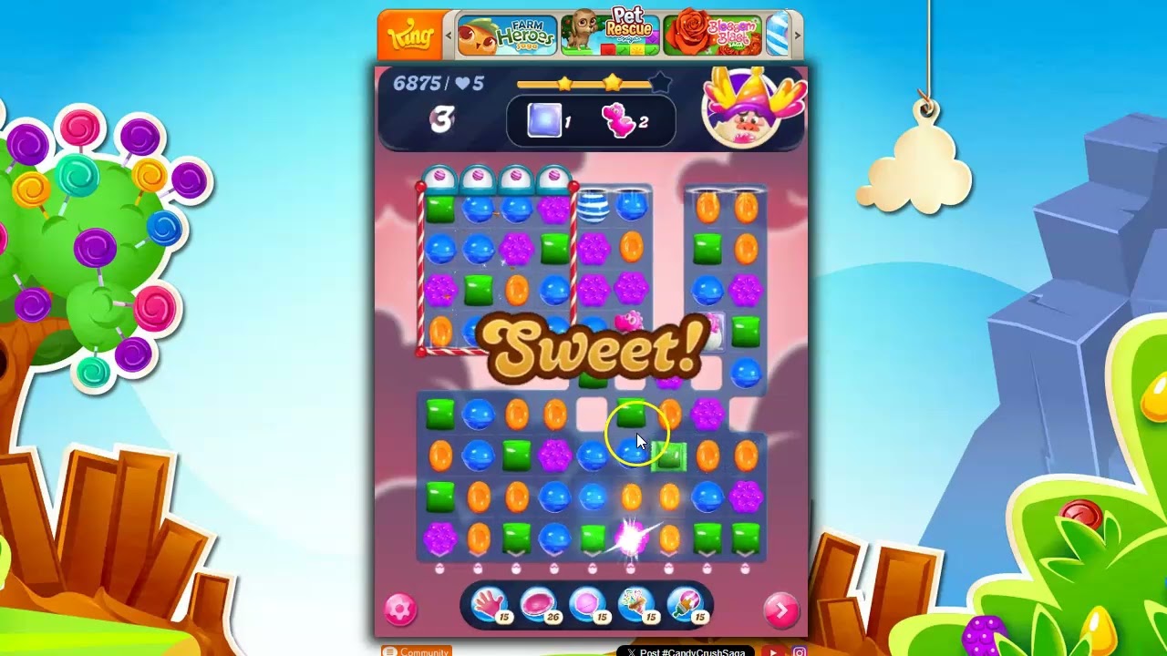 Candy Crush, уровень 6875, разговор, 30 ходов, 0 усилителей