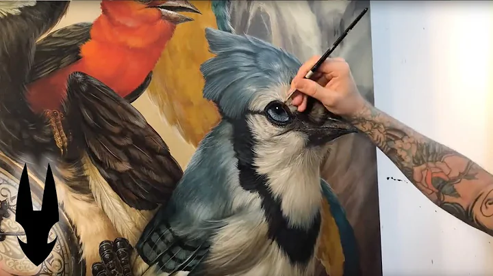 Birds gossip in this gathered group in this detailed acrylic painting​ "Hatchlings"