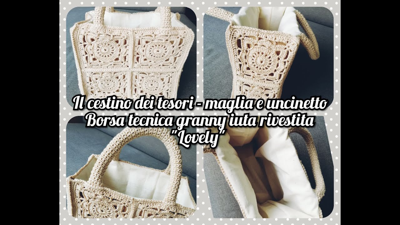 Come rivestire di mattonelle a uncinetto (granny) una borsa in iuta. Progetto borsa a mano 