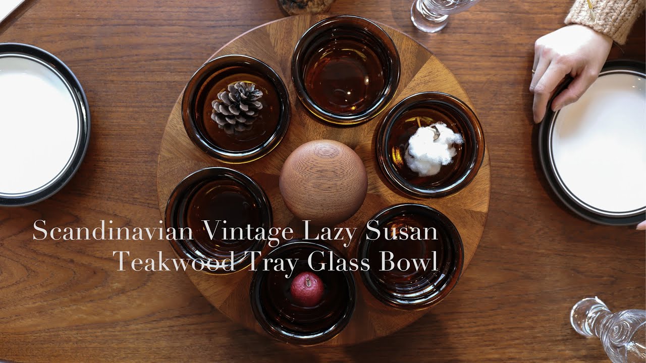 ヴィンテージ ガラス製 トレイ 器 ボウル Scandinavian Vintage Lazy Susan Teakwood Tray Glass Bowl:北欧