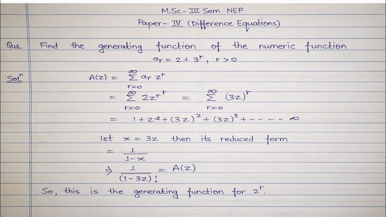 Find the generating function of the numeric function| Difference Equations| Msc Third Sem mjpru|