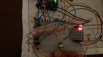 Arduino UNO, 10k potentiometer, 1588BS 8x8 LED matrix and 74HC595 shift registers