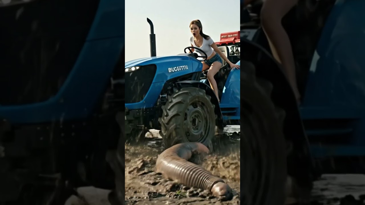 Beauty girl driving tractor hit on big worm  