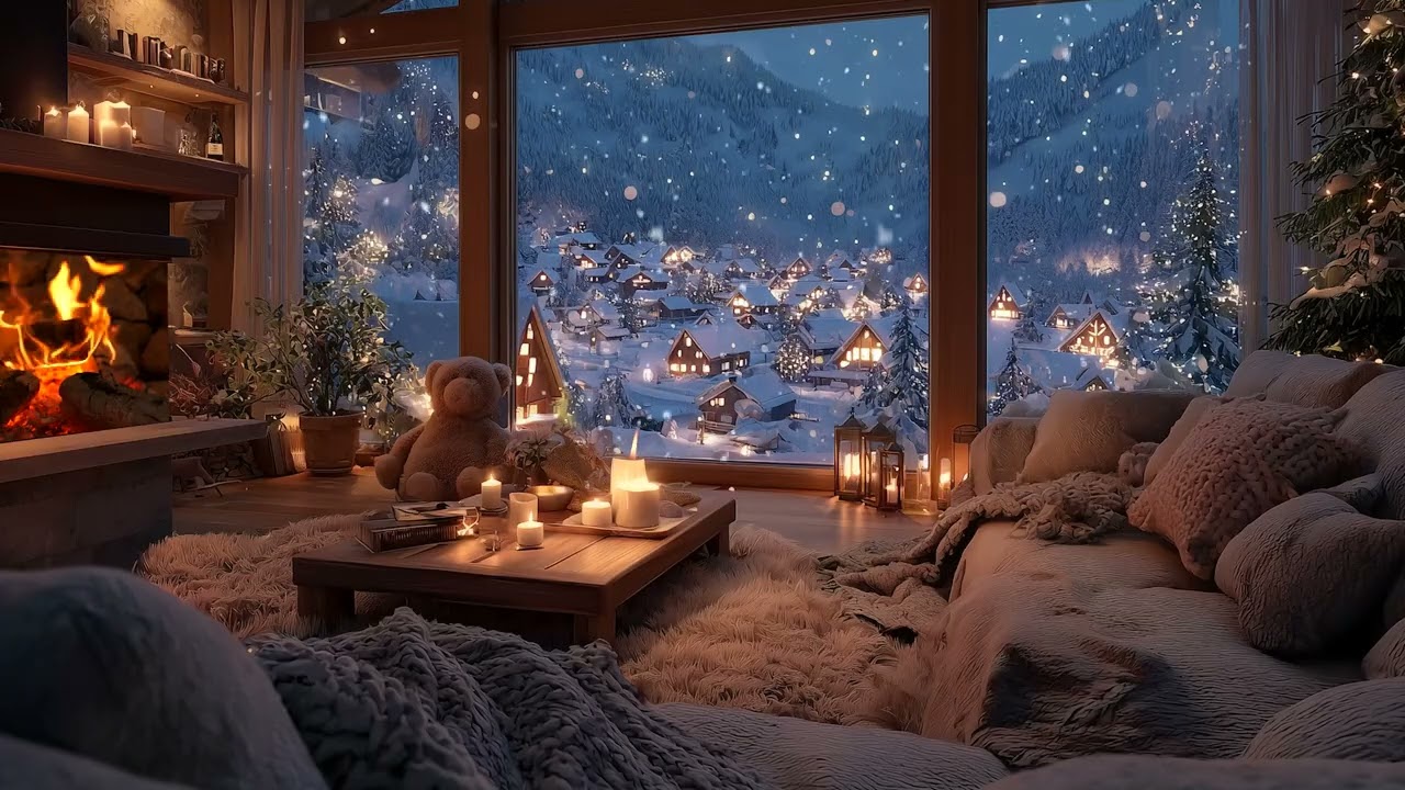 Soft Piano by the Fireplace | Snowfall Winter Ambience for Relax, Study & Sleep
