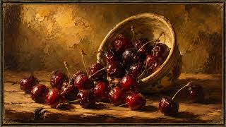 Vintage Dark Cherries Still Life | 1 Hour Silent Ambient No Music | Rustic Botanical Art