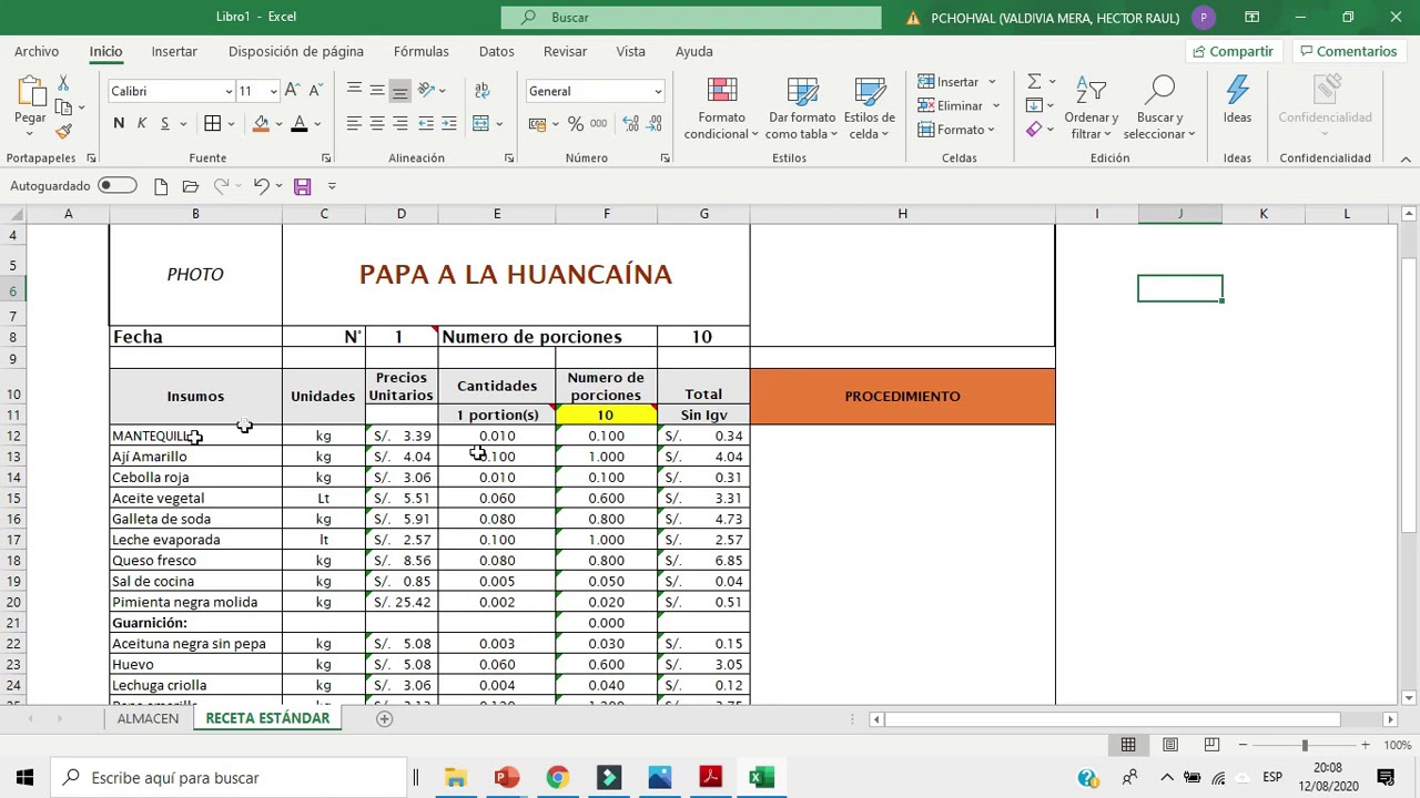 CAPACITACIONES - CREACIÓN DE LA RECETA ESTÁNDAR CON ÉXCEL - YouTube