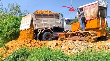 Landfill Task! using Dump Truck 5Ton Unloading & Dozer Push Soil Clear Pond