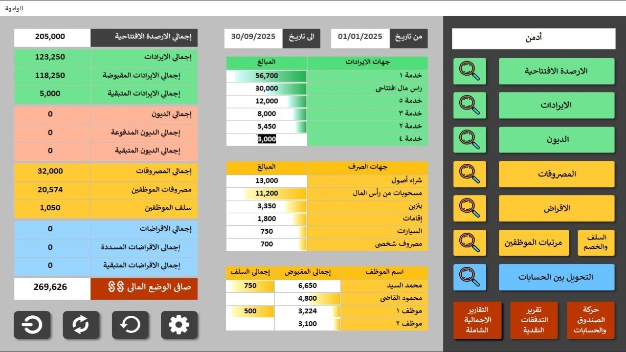 برنامج مصروفات وايرادات متكامل وسلف وخصومات وأجور موظفين