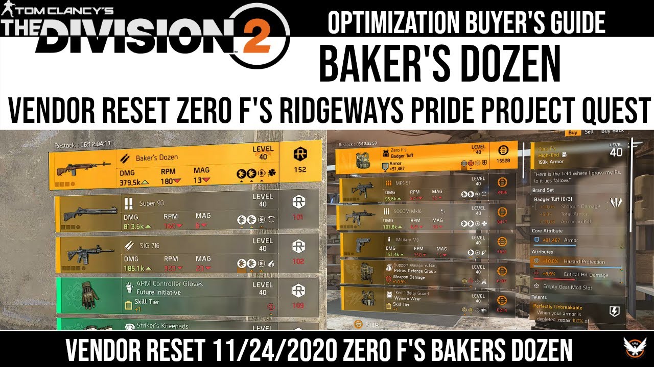 The Division 2 Vendor Reset Zero Fs Baker's Dozen Ridgeway's