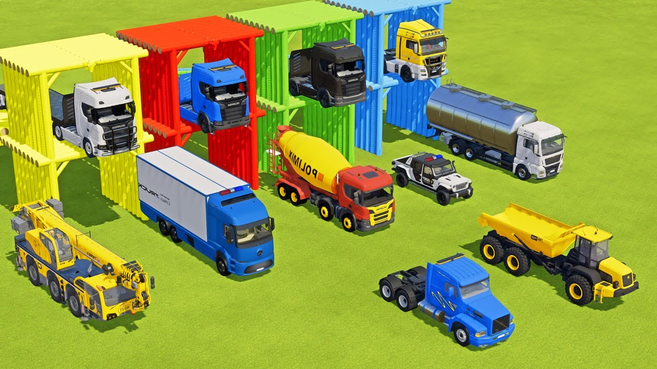 TRANSPORTING MERCEDES MINI BUS, VOLKSWAGEN POLICE, FORD POLICE, MERCEDES FIRE TRUCK TO GARAGE | FS22