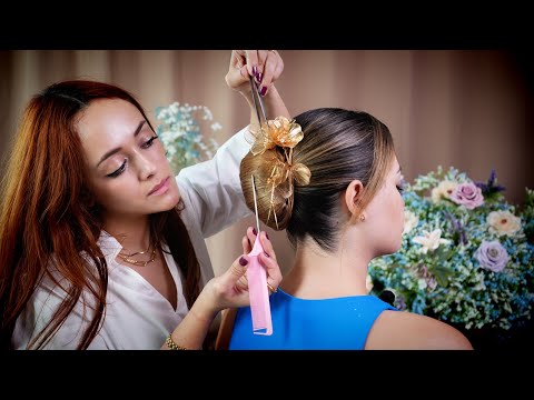 ASMR Elegant Updo with Gold Flower | Sleek Hair Brushing & Volume Styling for Ultimate Relaxation