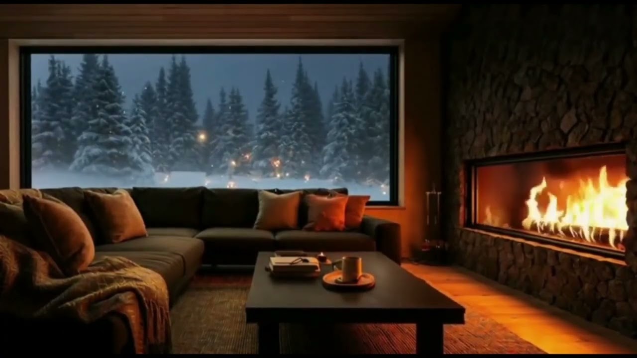 No Ads Fireplace Blizzard ASMR - Snow Storm Sleep Sound With Fireplace Burning For Deep Sleeping