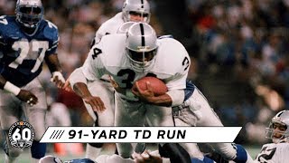 Running back bo jackson's 91-yard touchdown run against the seattle
seahawks on "monday night football" in 1987 nfl season ranks no. 25
"nfl 100 g...
