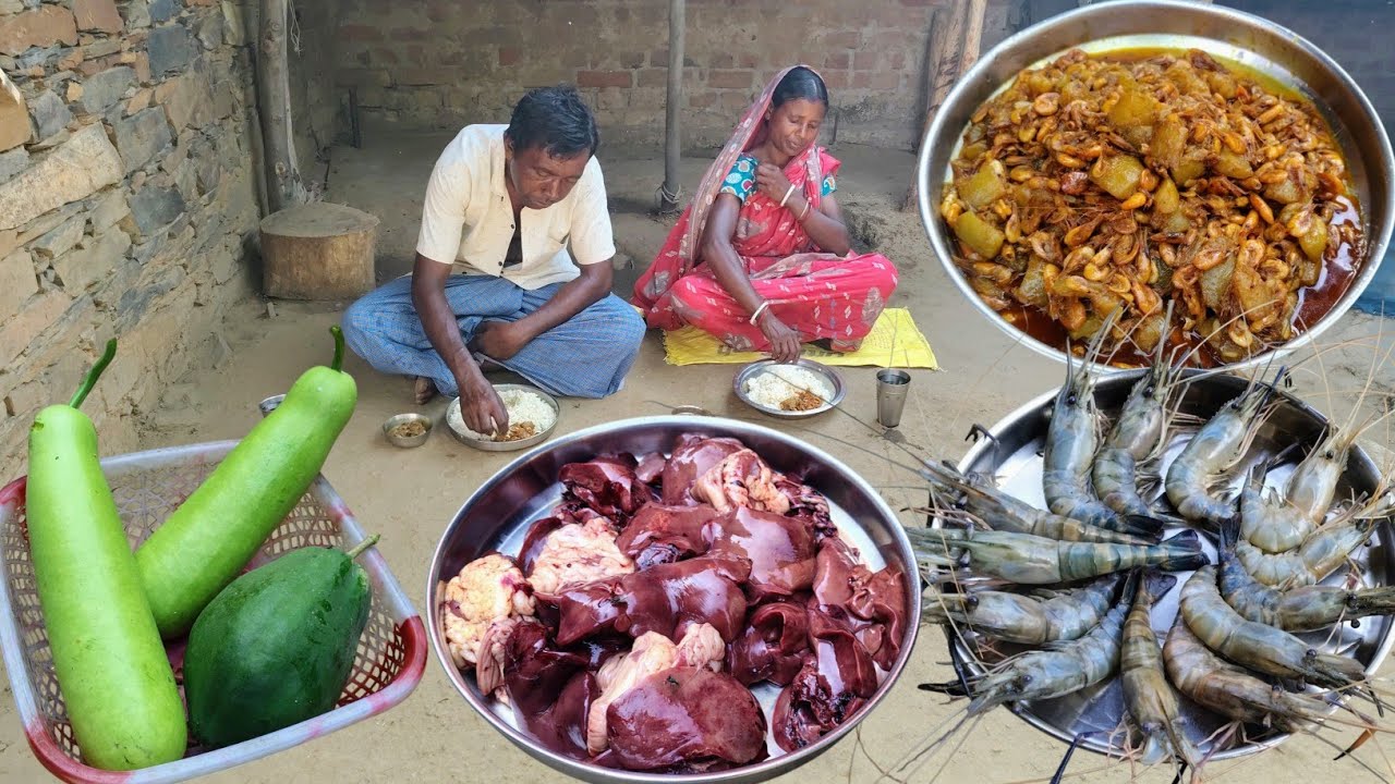 village life cooking CHICKEN GIZZARD LIVER and shrimp fish curry with bottle gourd|parents cooking