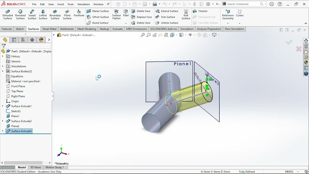Solidworks Y-pipe design with Trim Surface