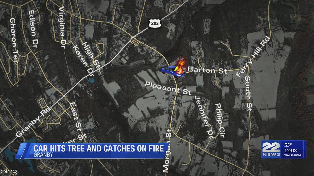 Car crashes into tree, catches fire near Granby intersection - YouTube