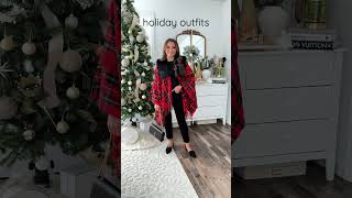 Holiday plaid and cold weather outfits. Petite Christmas style. Black dress. Tartan outfit.