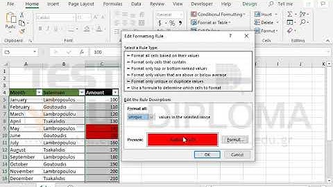 Change the formatting of the range C5:C24,so as to format only the unique values with green fill...