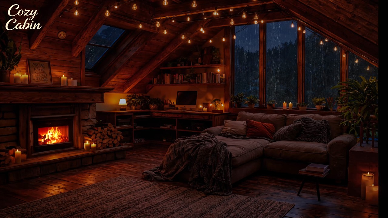 Cozy cabin rain sounds with warm fireplace ambiance for deep sleep and ...