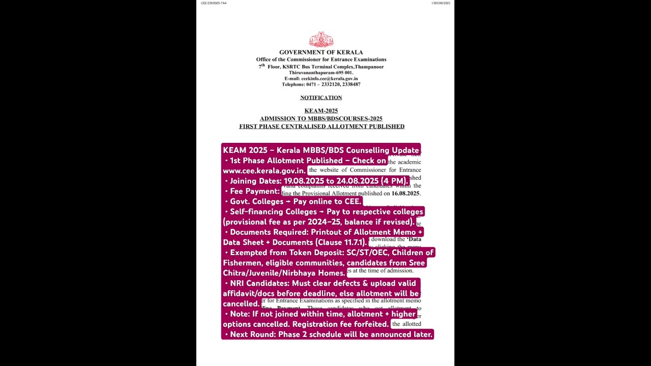 KEAM 2025 – Kerala MBBS/BDS Counselling Update •