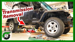 Wrestling the BEAST! Jeep Transmission Removal - YouTube