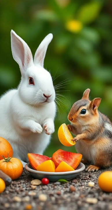 Rabbit and Chipmunk enjoying fresh fruits #chipmunk #rabbit #wildlife #animals