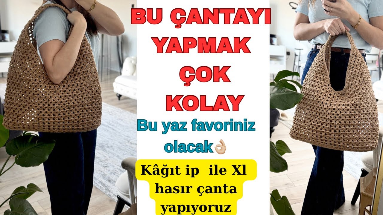  HEM KOLAY HEM ŞIK‼️BU KADAR KOLAY OLDUĞUNA İNANAMAYACAKSINIZ.kâğıt ip hasır çanta yapıyoruz#crochet