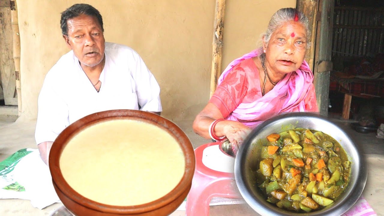 cooking and eating healthy VEGETABLE CURRY with hot rice by Village Grandmother/Country Life