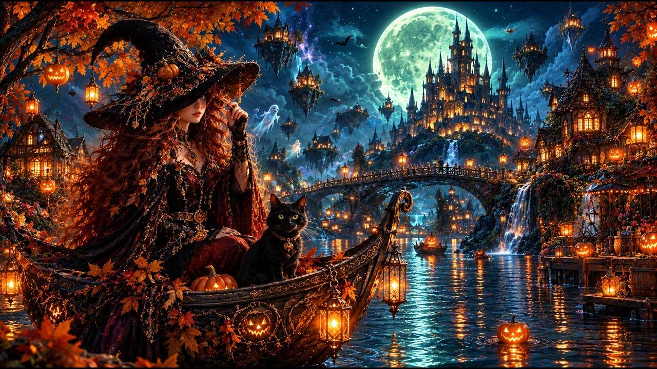 Cozy Autumn Haunted Town at Night 🎃 Relaxing Halloween Ambience 👻 Spooky Sounds & Halloween Music
