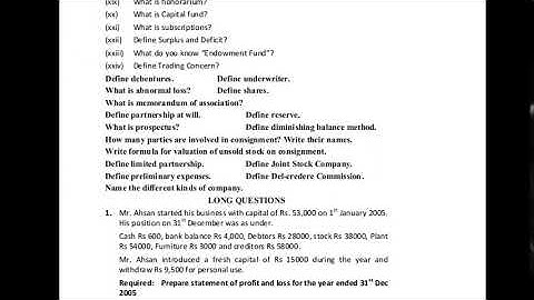 Principles of Accounting Guess Paper 2018 for 12th Class (I.Com)