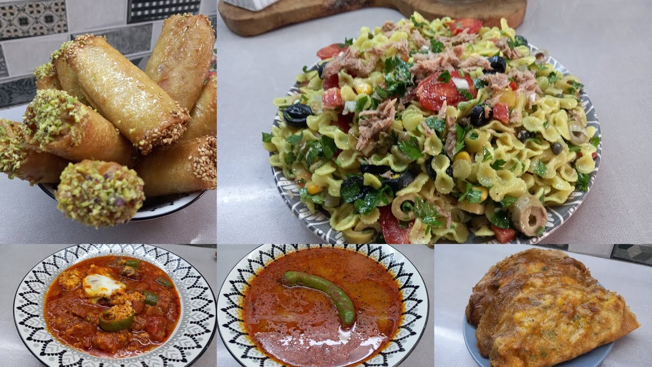 طاولة الإفطار لليوم الخامس من رمضان(سلاطة مقرونة /بريكة حلوة/حلالم/عجة)❤️👍💕👌🇹🇳