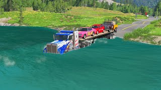 Triple Flatbed Trailer Truck Potholes Transport Car Rescue - Cars vs Deep Water - BeamNG.drive