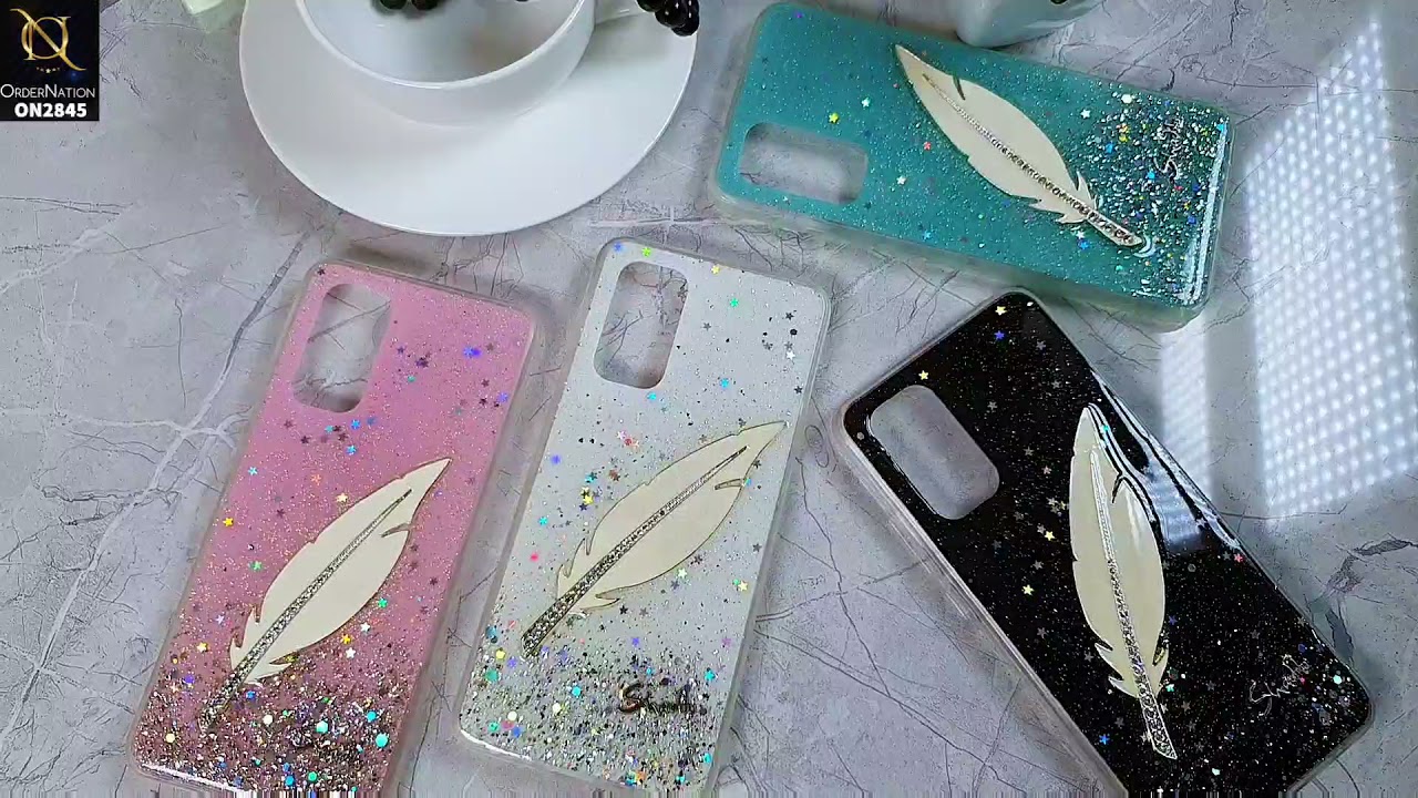 Vivo Y17 Cover - White - Rhinestone Stylish Feather Soft Glitter Case - Glitter Does Not Move