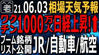 【相場天気予報】週末の雇用統計待ちで米市場は小動き。一方、日経平均は一時200円近い上昇に。要因はやはり接種が1,000万人を超えたことだろう。JR、航空、自動車などがブームに。ラジオヤジの相場解説。