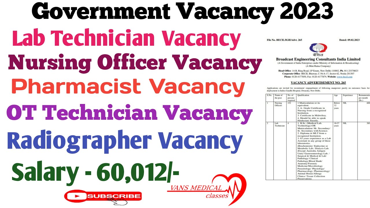 Government Vacancy 2023•| Lab Technician, Radiographer, Pharmacist, Nursing Officer, OT Technician•|
