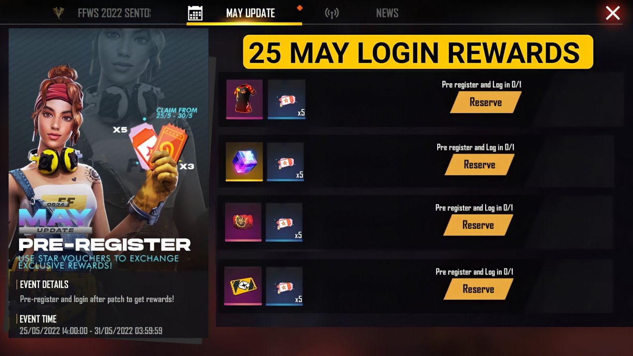FREE Login Rewards 25 May Free Fire | 25 May Patch Update Rewards | Free Fire New Event