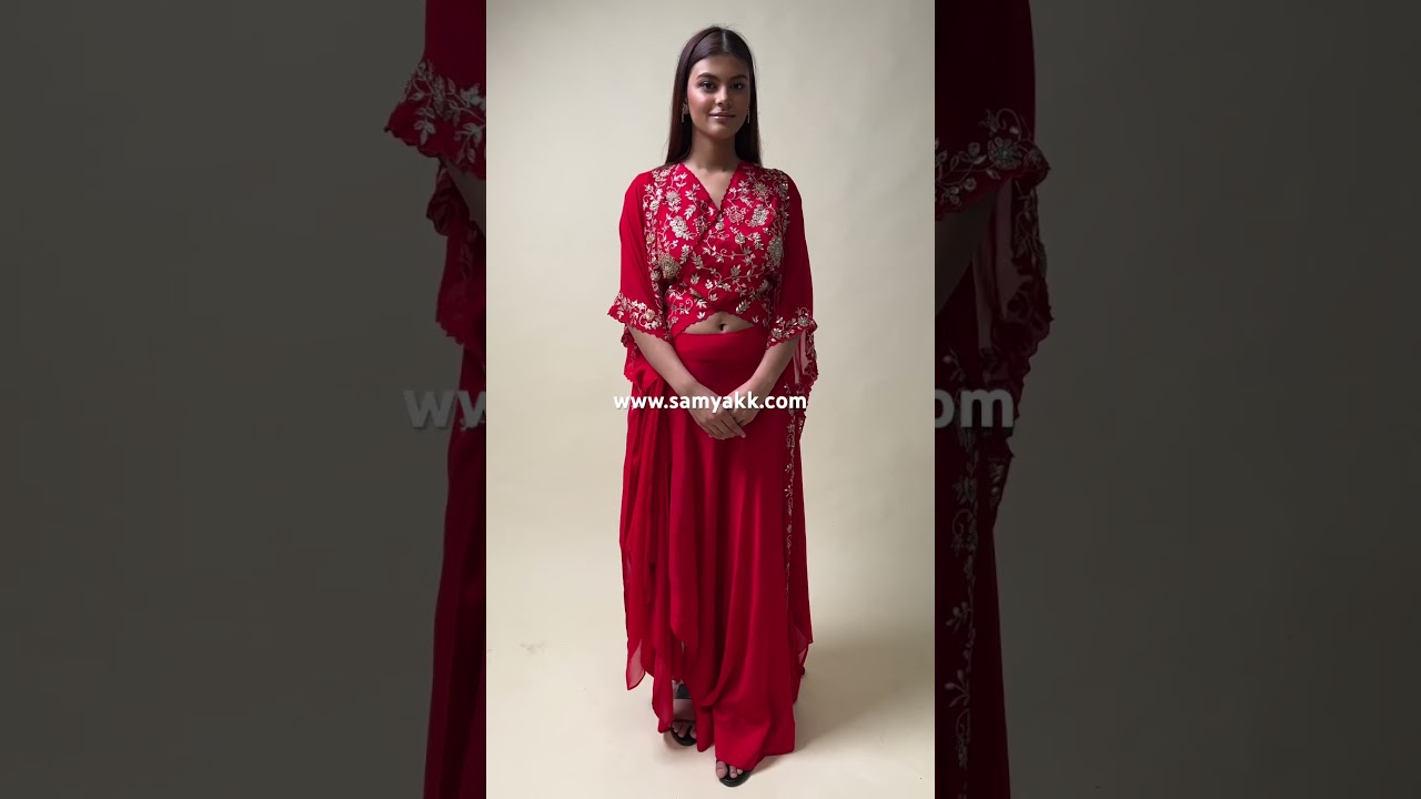 Scarlet Red Gota Embroidered Satin Crop Top Suit-NE1120