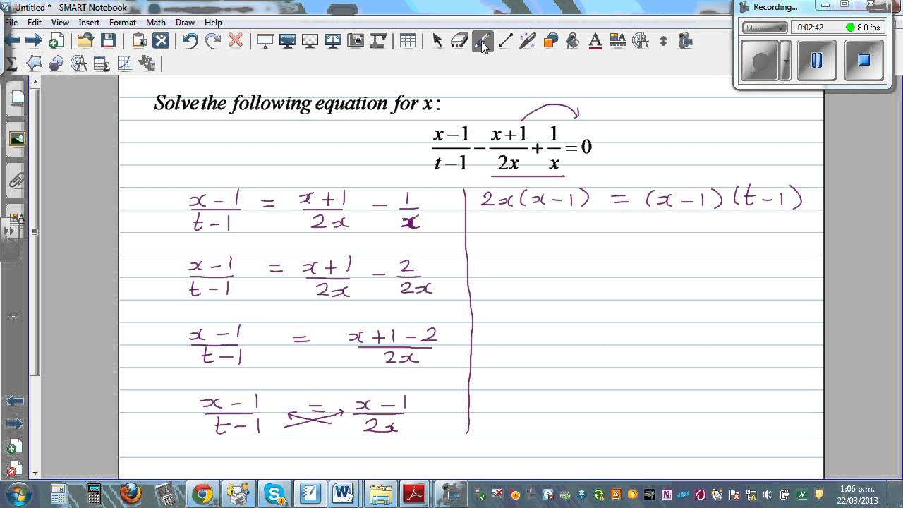 Solving rational equation x 1 t 1 x 1 2x 2 2x 0 for x in 