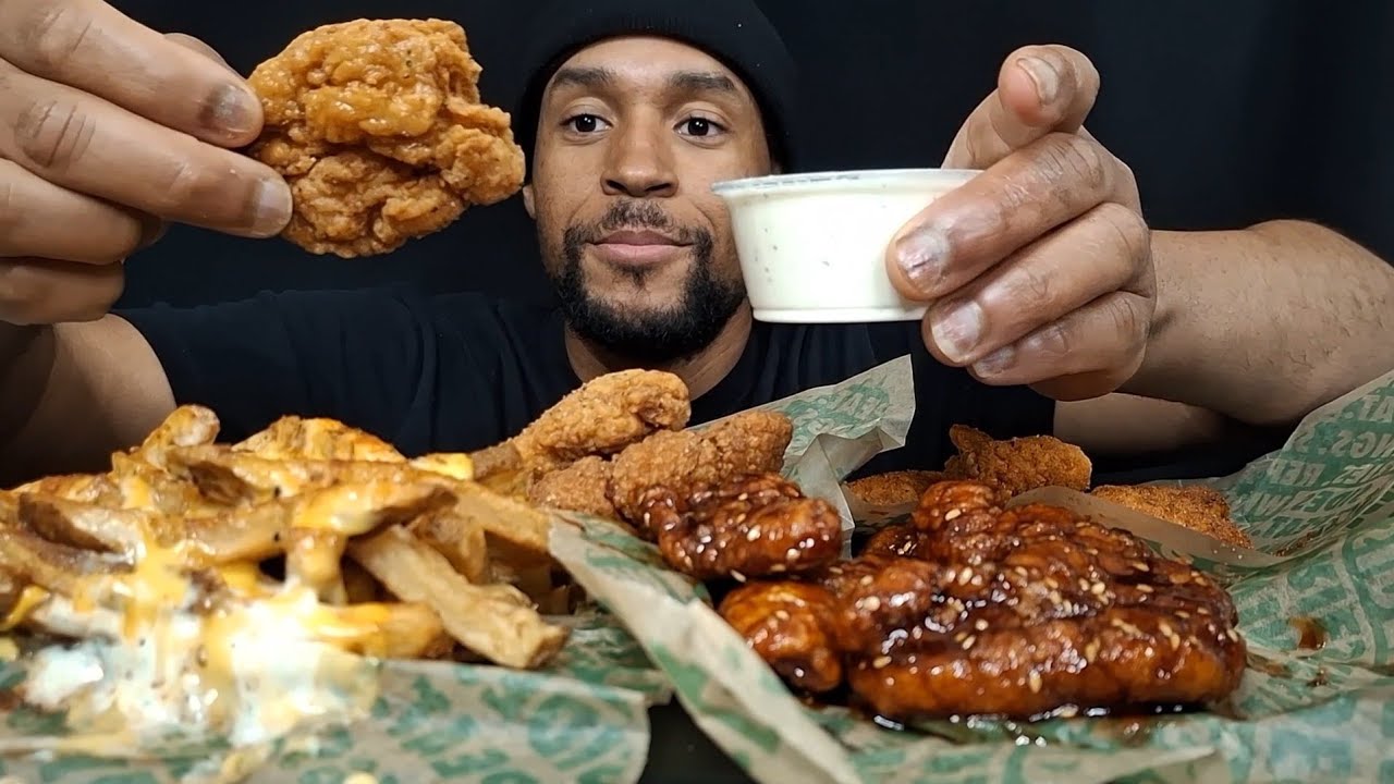 Wingstop Mukbang. Voodoo Fries | Sweet Chili Tenders | Hot Honey And Lemon Pepper Boneless Wings