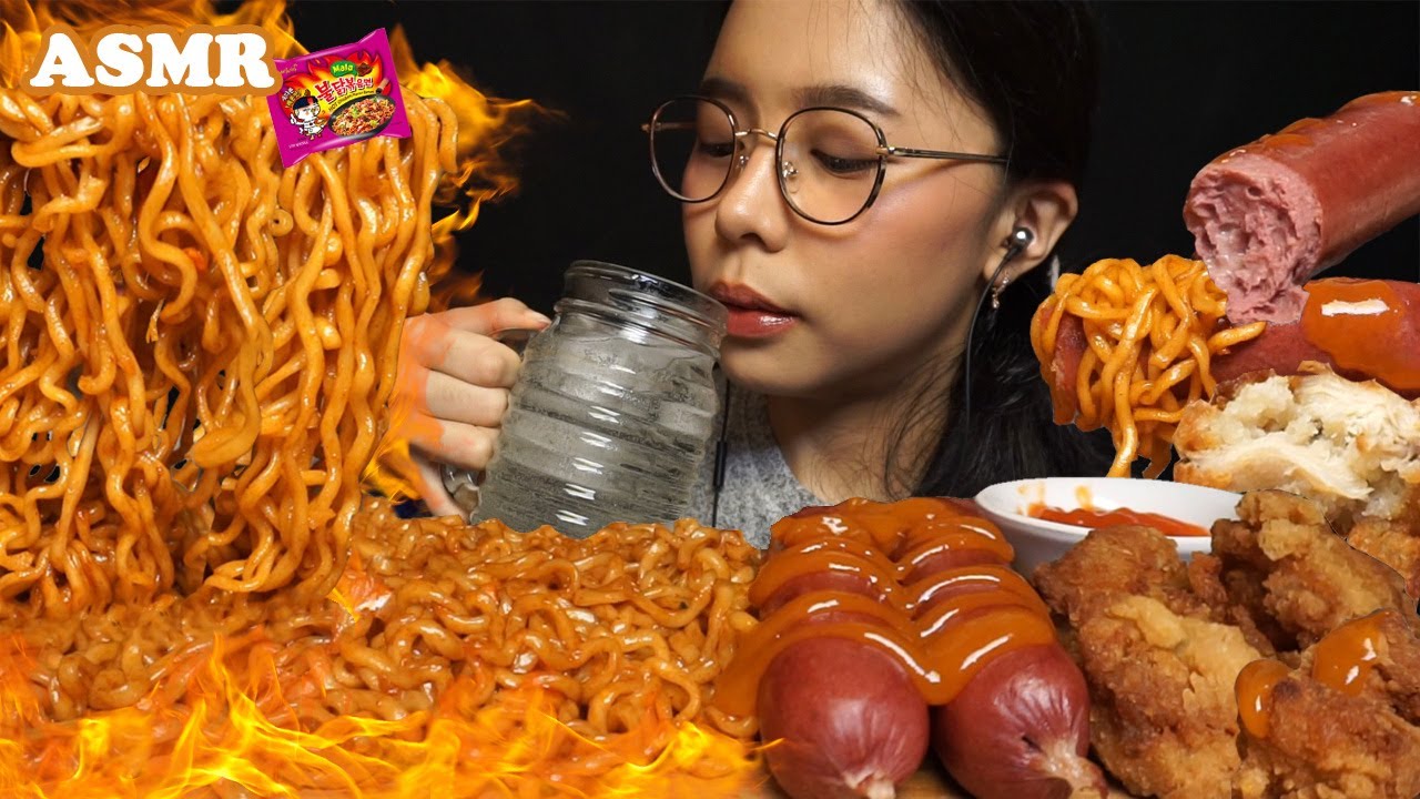 ASMR Samyang Mala FIRE NOODLES, Cheese SAUSAGE (Sosis Keju Indomaret), Karaage 🔥🧀 | Eating Sounds